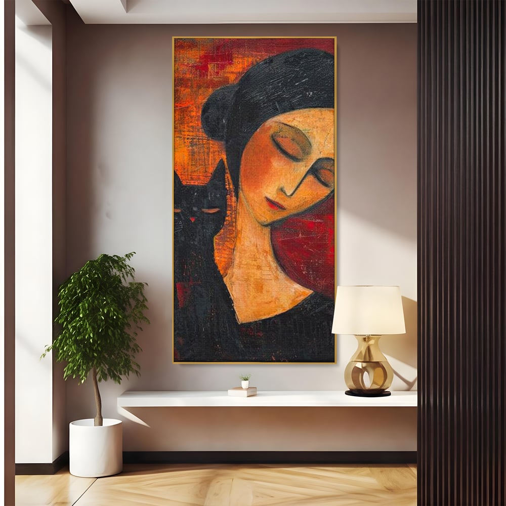 Tablou canvas cu pictura cu femeie si pisica neagra, in rama de aluminiu auriu